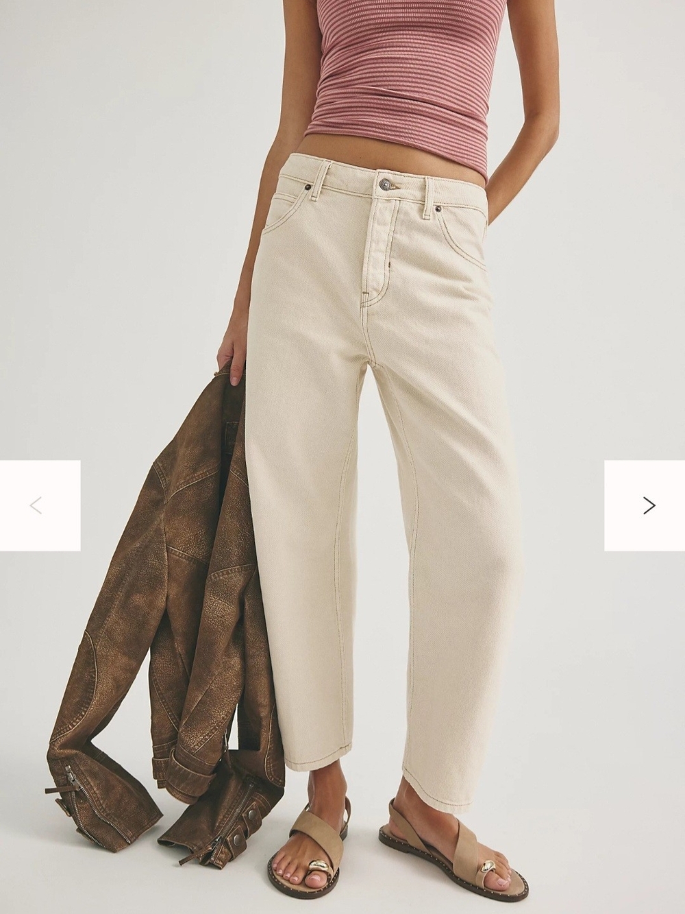 We The Free Deep Trance Boyfriend Jeans 33 Cream Beige Cropped Barrel Leg Cotton - Picture 3 of 14